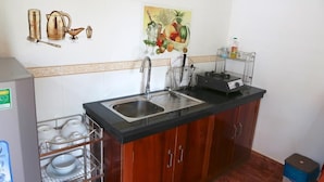 Family Bungalow | Private kitchen | Fridge, microwave, cookware/dishes/utensils - Lotus Apartment (Phu Quoc)