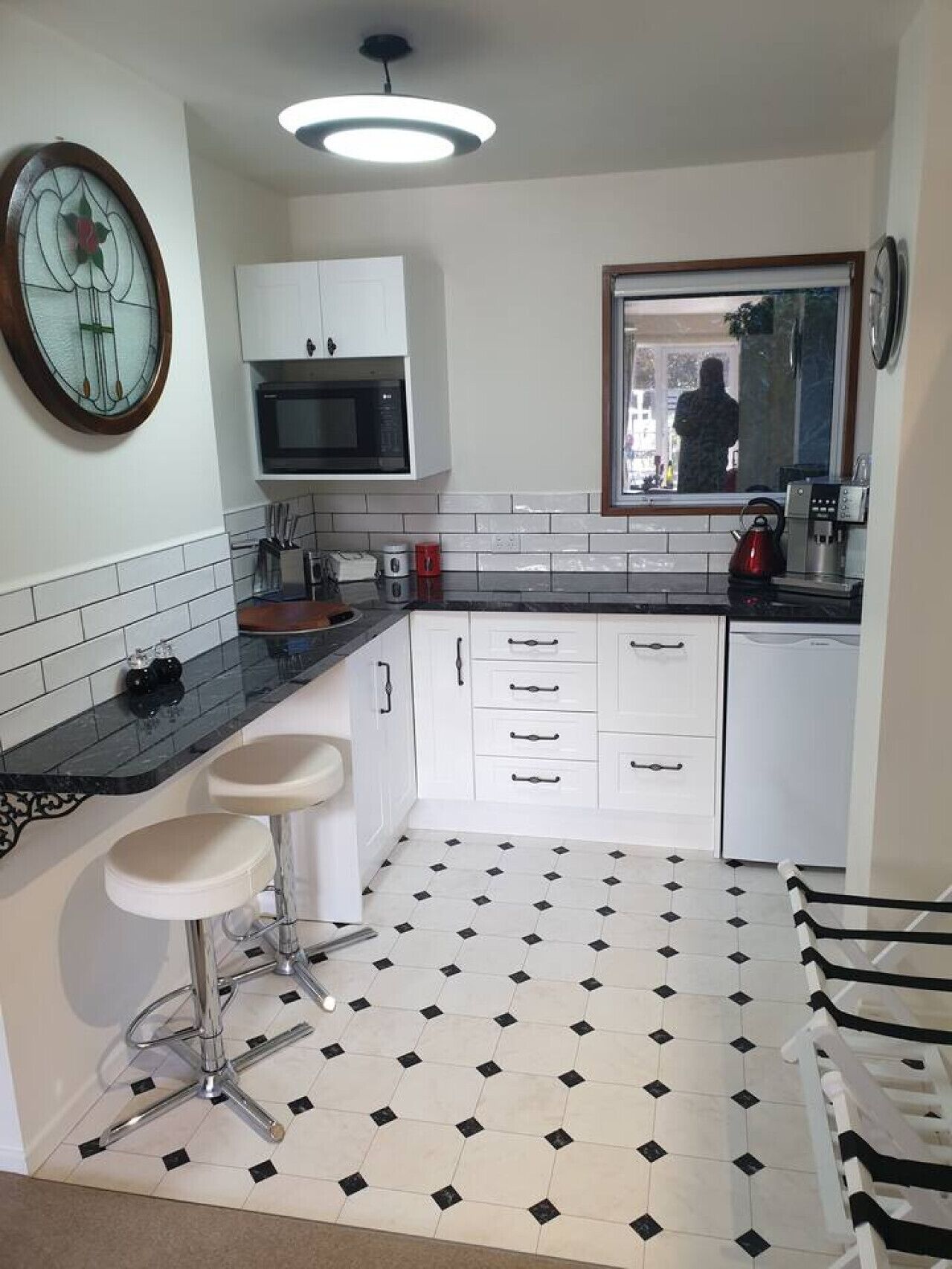 Fridge, microwave, coffee/tea maker, toaster