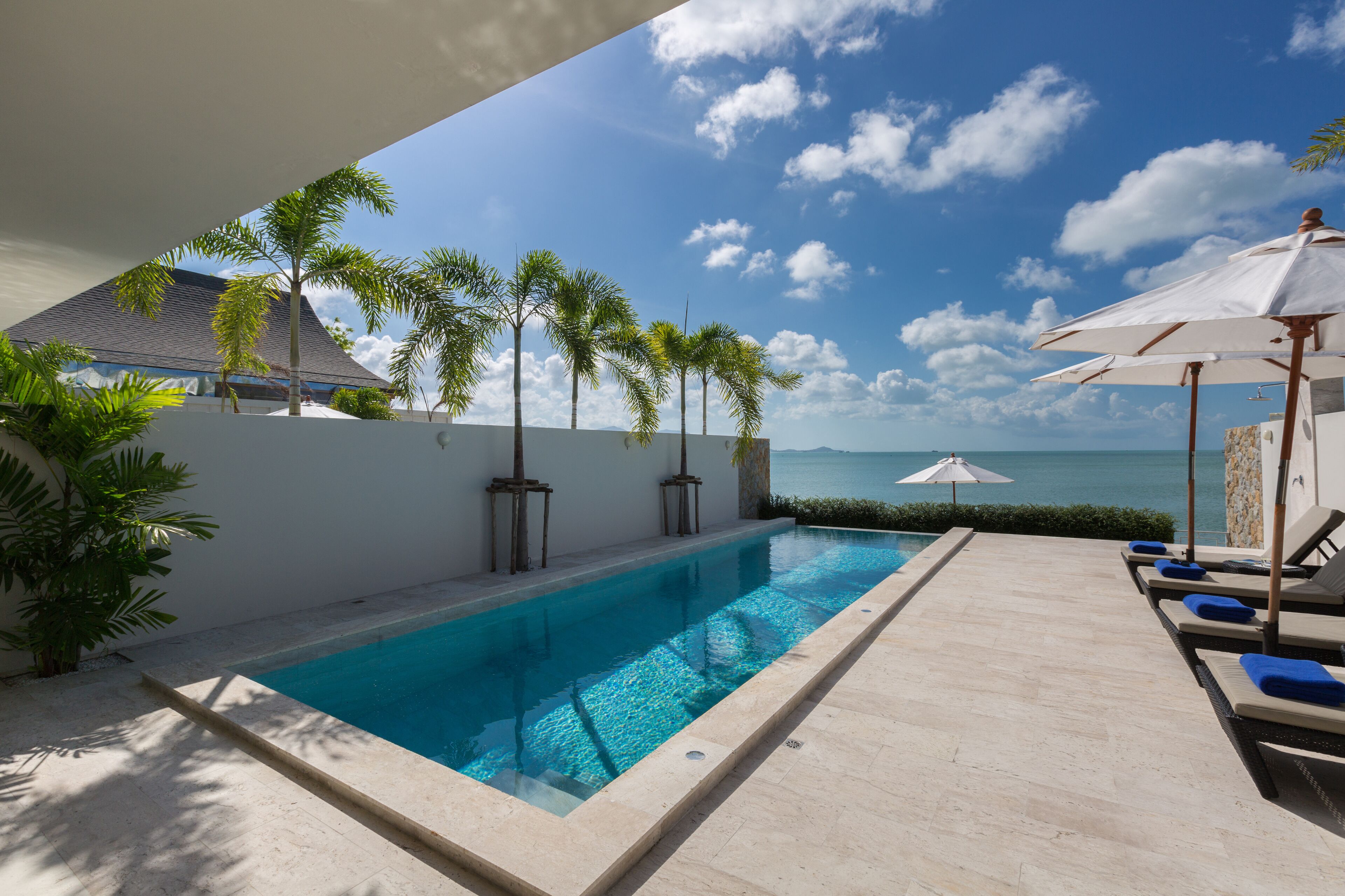 A swimming pool with lounge chairs and umbrellas, surrounded by palm trees and a view of the sea.