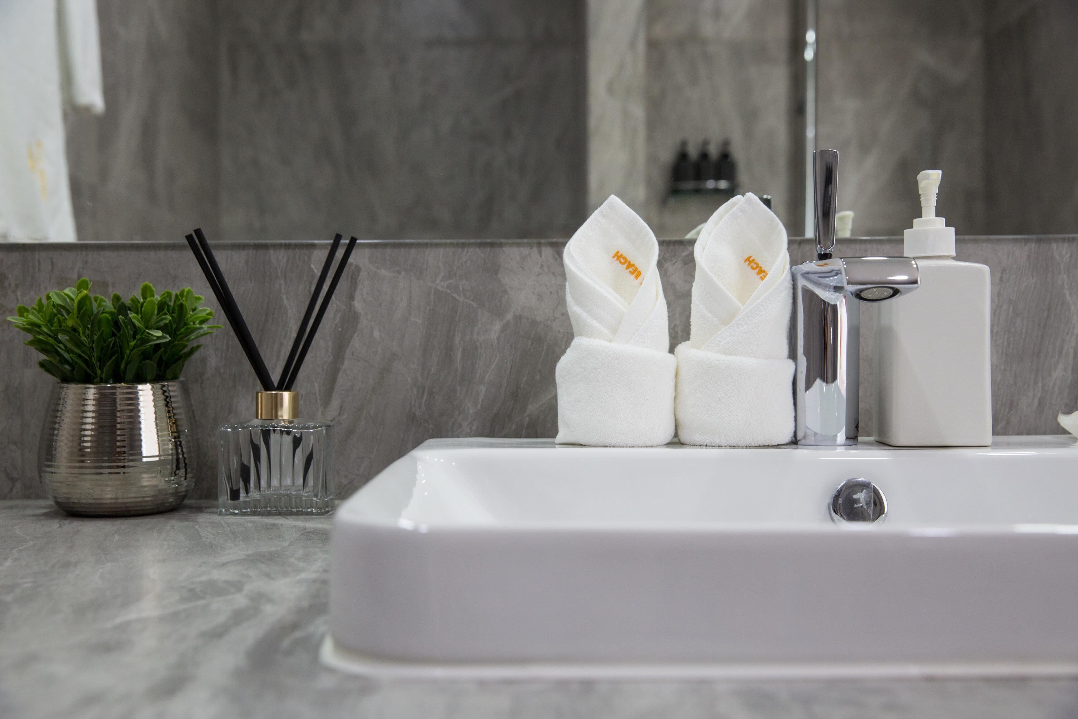 A bathroom sink with a mirror, a potted plant, and toiletries.