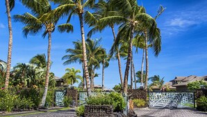 L’entrée d’un complexe hôtelier tropical, avec des palmiers, une allée pavée et une porte d’entrée portant l’inscription « Hali’i Kai ».