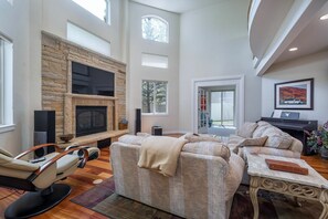 TV, fireplace, music library