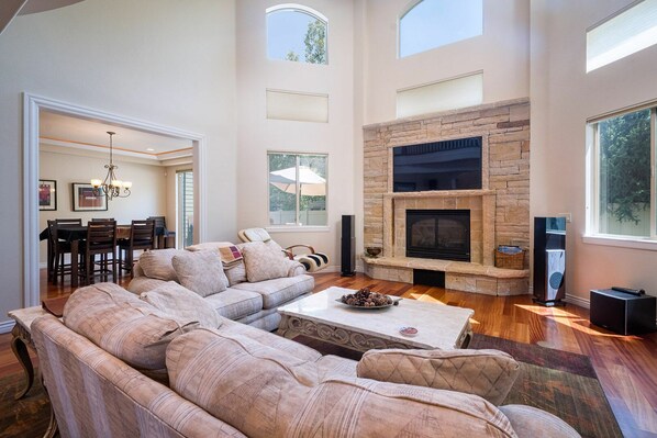 TV, fireplace, music library