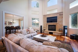 TV, fireplace, music library