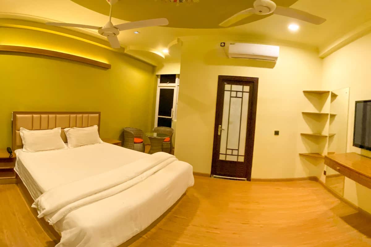 A bedroom with a large bed, two ceiling fans, a TV, and a door with a decorative glass panel.