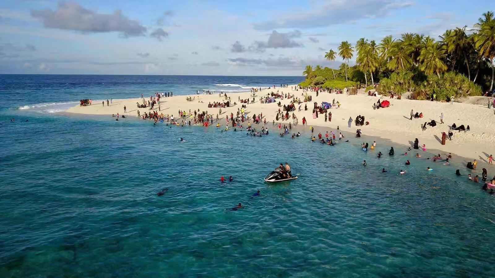 Una playa con aguas azules cristalinas, gente nadando y tomando el sol, y palmeras al fondo.