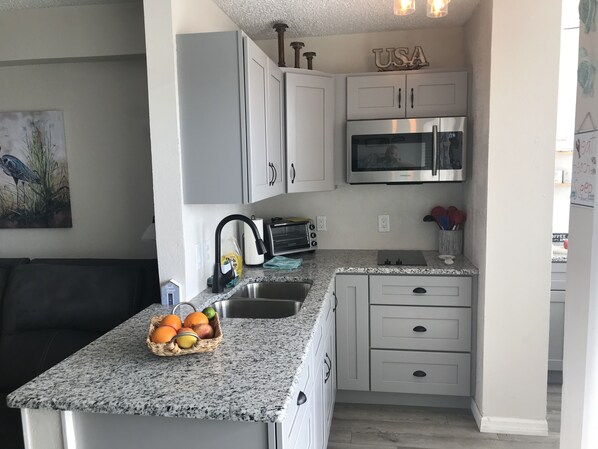 Fridge, microwave, oven, stovetop - Condo on oceanfront property less than mile from boardwalk (Daytona Beach)
