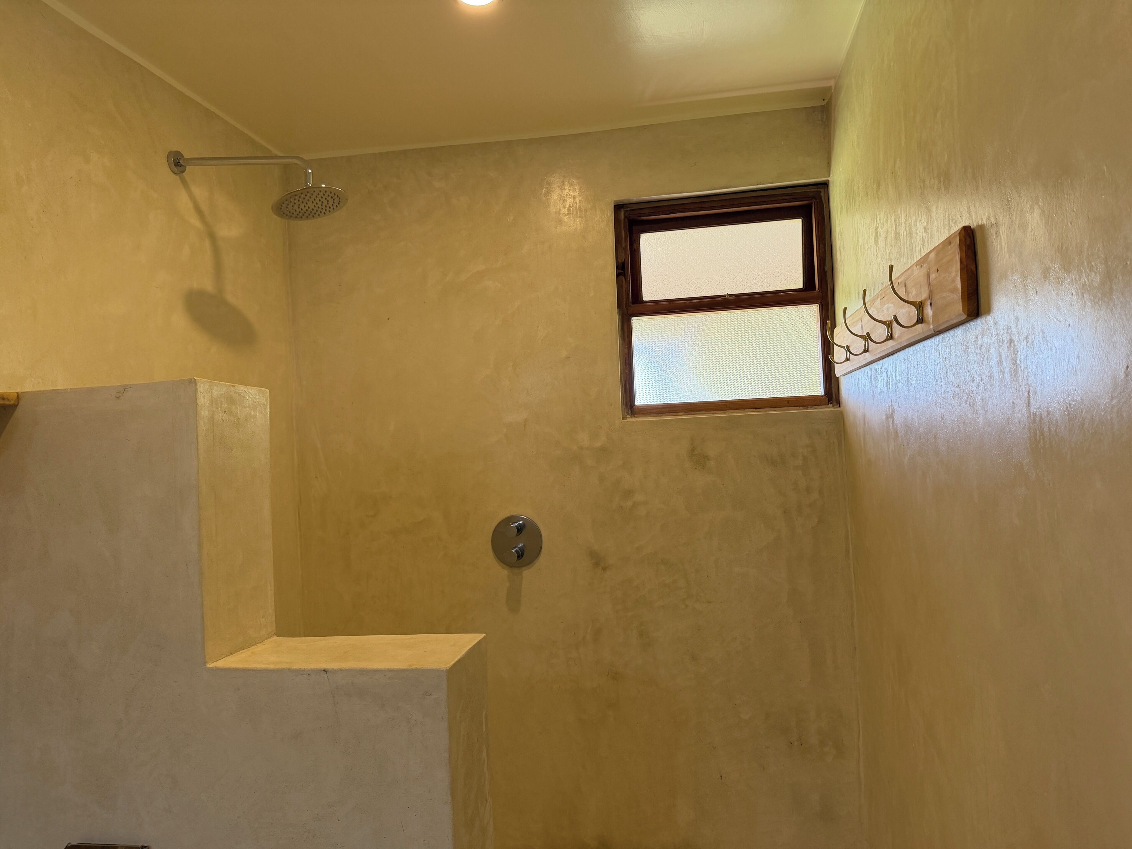 A bathroom with a shower, a small window, and a towel rack.