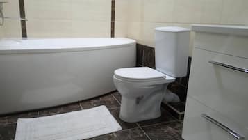 Secador de cabelo, toalhas de banho, sabonete, papel higiênico
