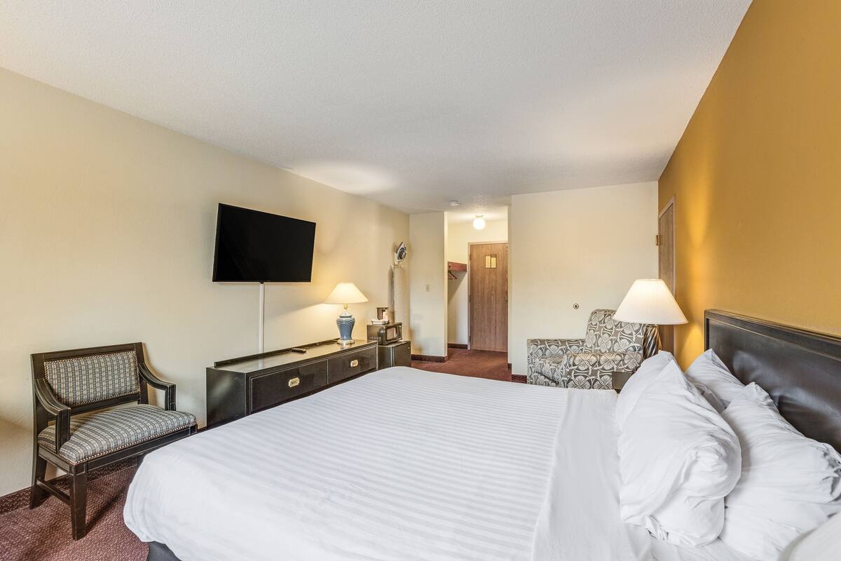 A hotel room with a bed, a desk, a chair, a television, and a lamp.