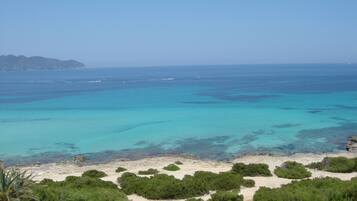 On the beach, sun loungers