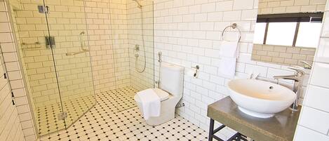 A bathroom with a glass-enclosed shower, a toilet, a sink, and a mirror.