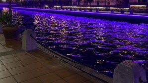 Een nachtzicht van een gebouw met een waterpartij ervoor, verlicht met paarse lichten.