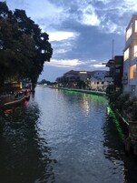 A river with buildings on the right and a tree on the left.