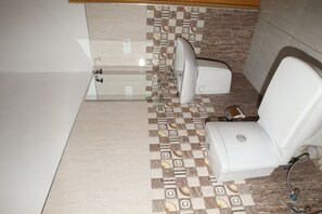 Hair dryer, towels, soap, toilet paper