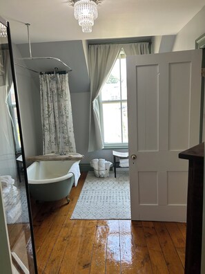 Bathtub, hair dryer, towels, soap