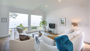 Un salon moderne avec une grande fenêtre, un téléviseur à écran plat et une plante en pot.