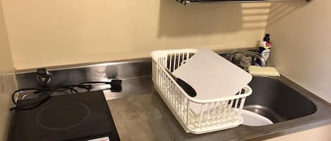 Fridge, microwave, stovetop, cookware/dishes/utensils