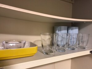 Fridge, microwave, stovetop, cookware/dishes/utensils