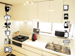 Fridge, microwave, stovetop, espresso maker
