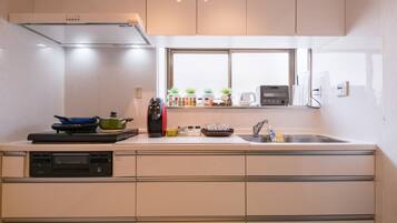 Fridge, microwave, stovetop, espresso maker