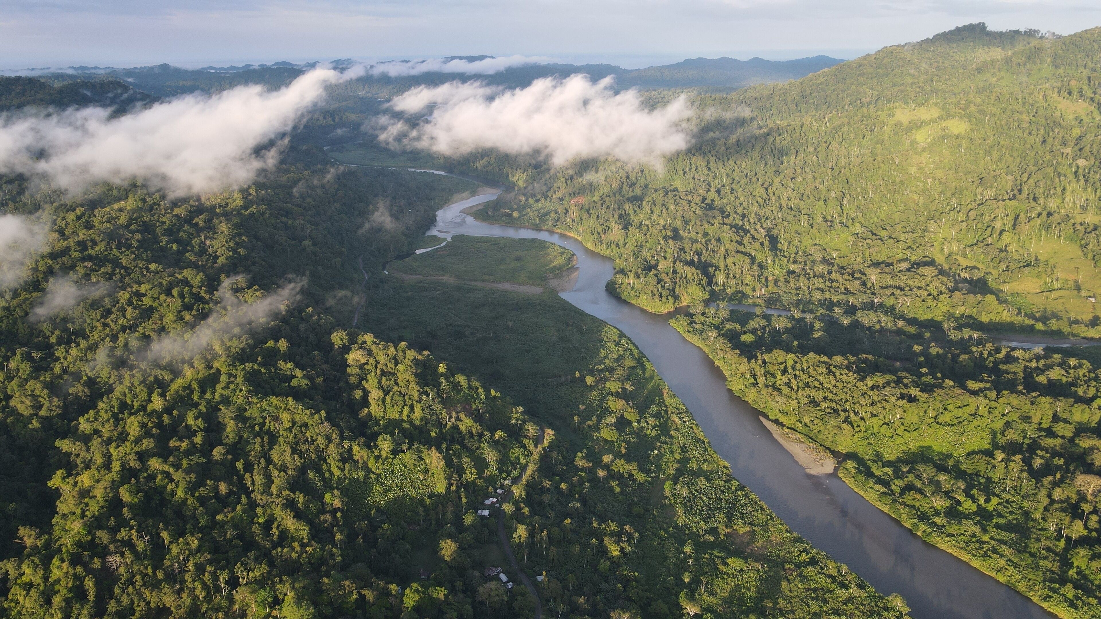 An aerial view of a lush green valley with a winding river, surrounded by dense forest and hills.