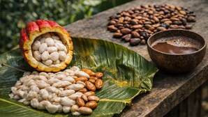 Una mesa con diferentes frutos secos y un cuenco de café.