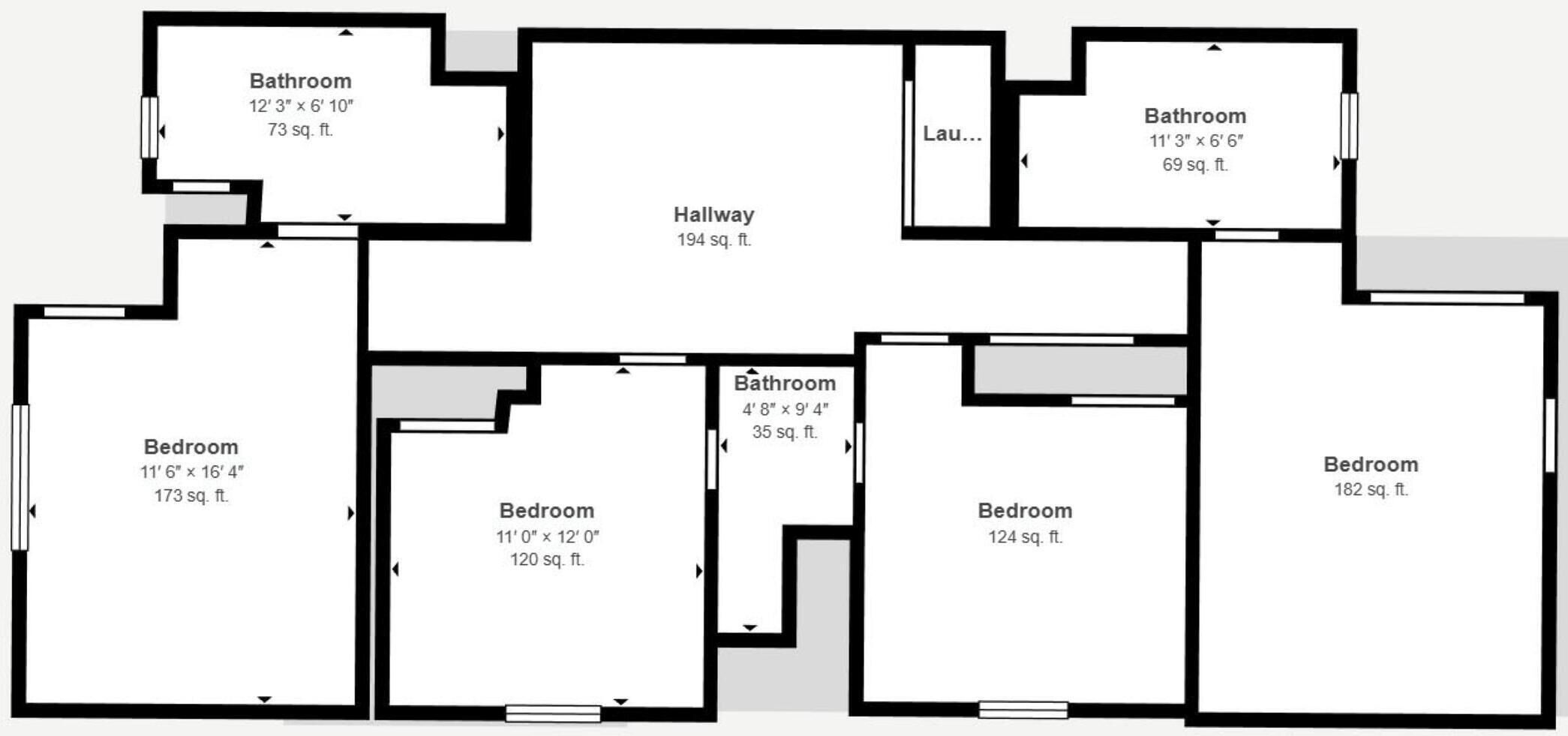 A floor plan with multiple bedrooms, bathrooms, and a hallway.