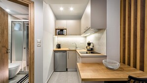 A compact kitchen with a dishwasher, microwave, and coffee maker. - Elia Tree Studios (Heraklion)