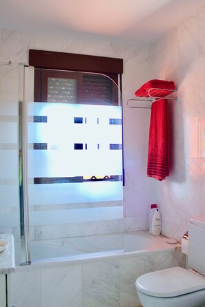 Bathtub, hair dryer, bidet, towels