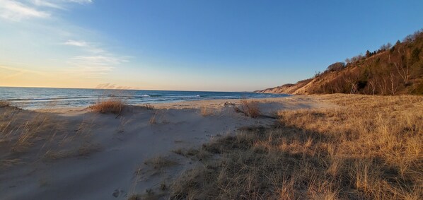 On the beach, sun loungers, beach towels