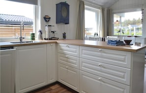 Fridge, stovetop, dishwasher, coffee/tea maker