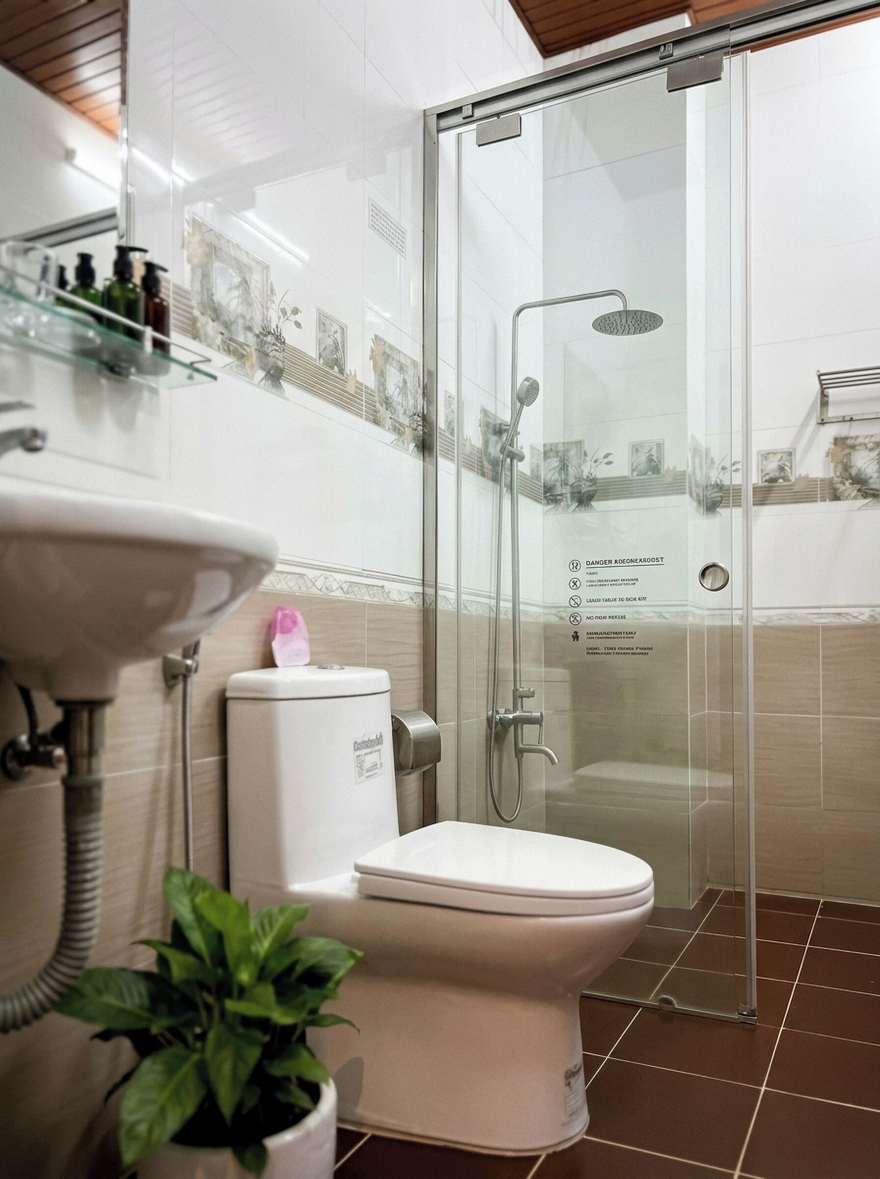 Une salle de bain moderne avec une douche à parois de verre, des toilettes et un lavabo.