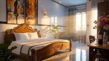 Premium bedding, memory foam beds, minibar, desk