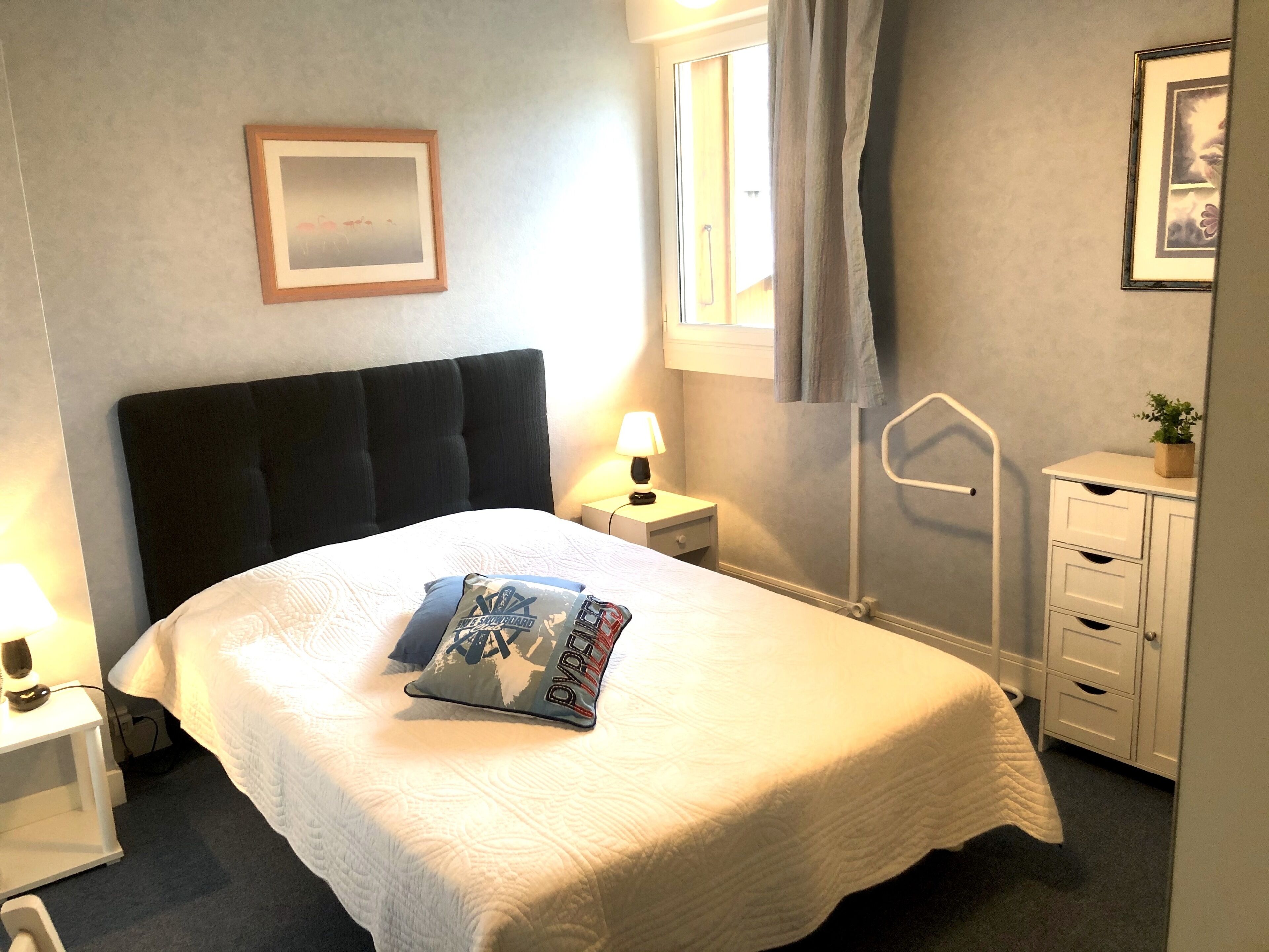 Een net opgemaakt bed met een witte deken en een kussen met een bergmotief. Er staat een nachtkastje met een lamp en een kleine plant. Een raam met gordijnen is zichtbaar, en aan de muur hangt een lijst met een afbeelding.