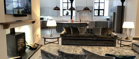 TV connectée, cheminée, livres, chaîne hi-fi