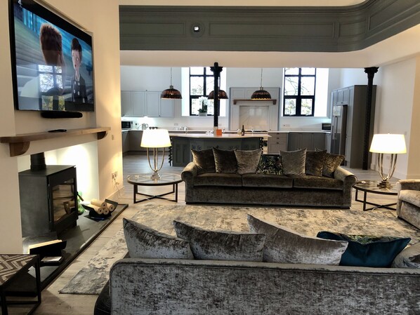 Smart TV, fireplace, books, stereo