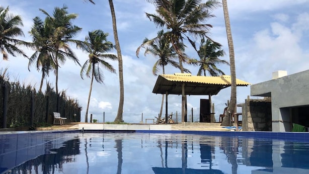 A swimming pool with palm trees and a covered seating area. - C J Beach Resort (Uswetakeiyawa)