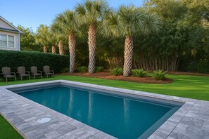 Outdoor pool, a heated pool - Modern East Beach 3BR/2BA - Pool + Golf Cart (St Simons)