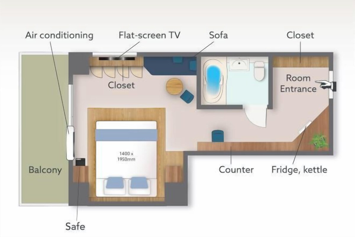 A hotel room layout with a balcony, air conditioning, flat-screen TV, sofa, closet, room entrance, counter, and a kitchenette with a fridge and kettle.