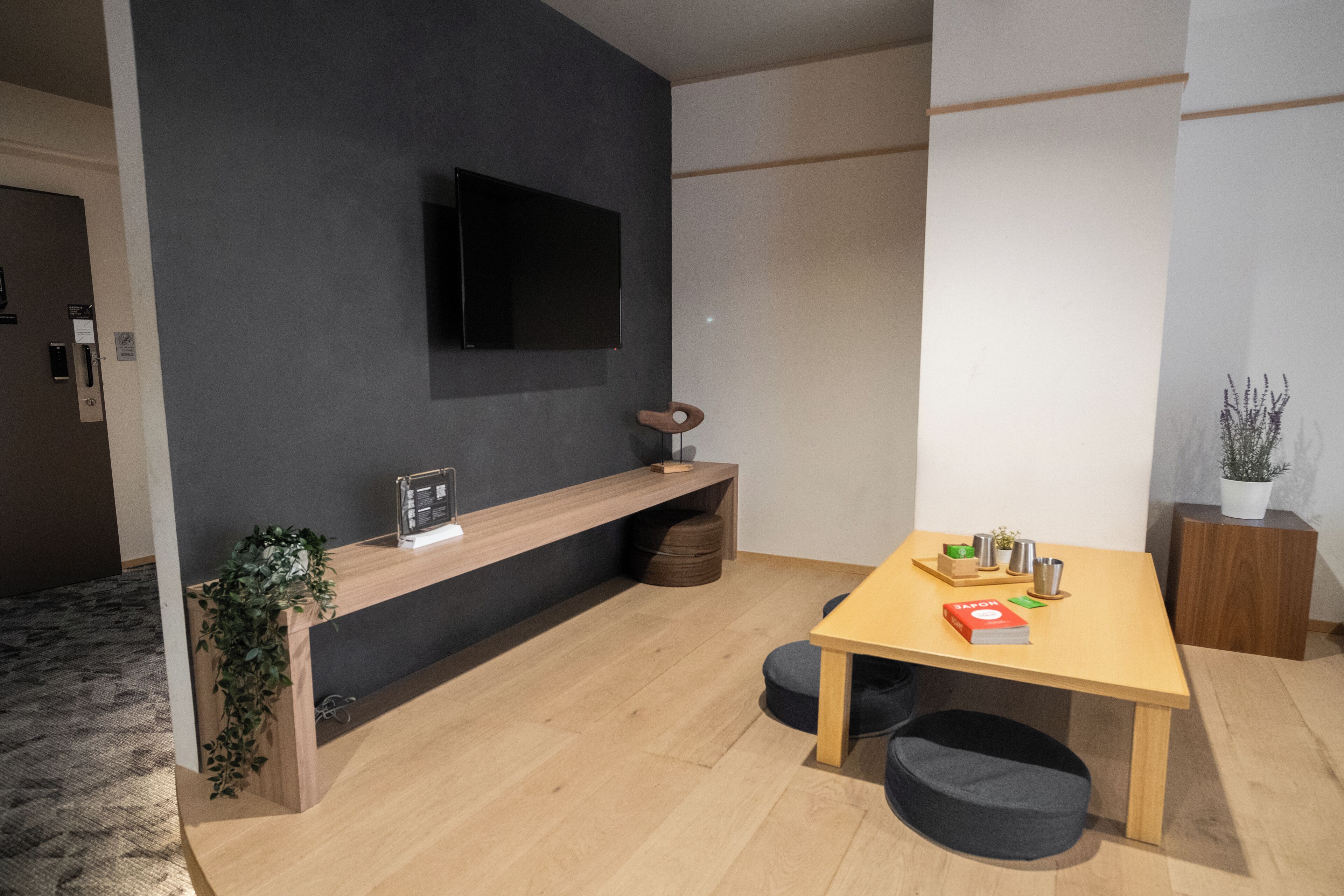 Un salon moderne avec un téléviseur à écran plat fixé à un mur foncé, une table basse en bois agrémentée de livres et d’objets décoratifs, une petite plante et un fauteuil en forme de poire de couleur gris foncé.