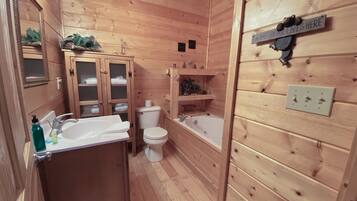 Combined shower/tub, jetted tub, hair dryer, towels