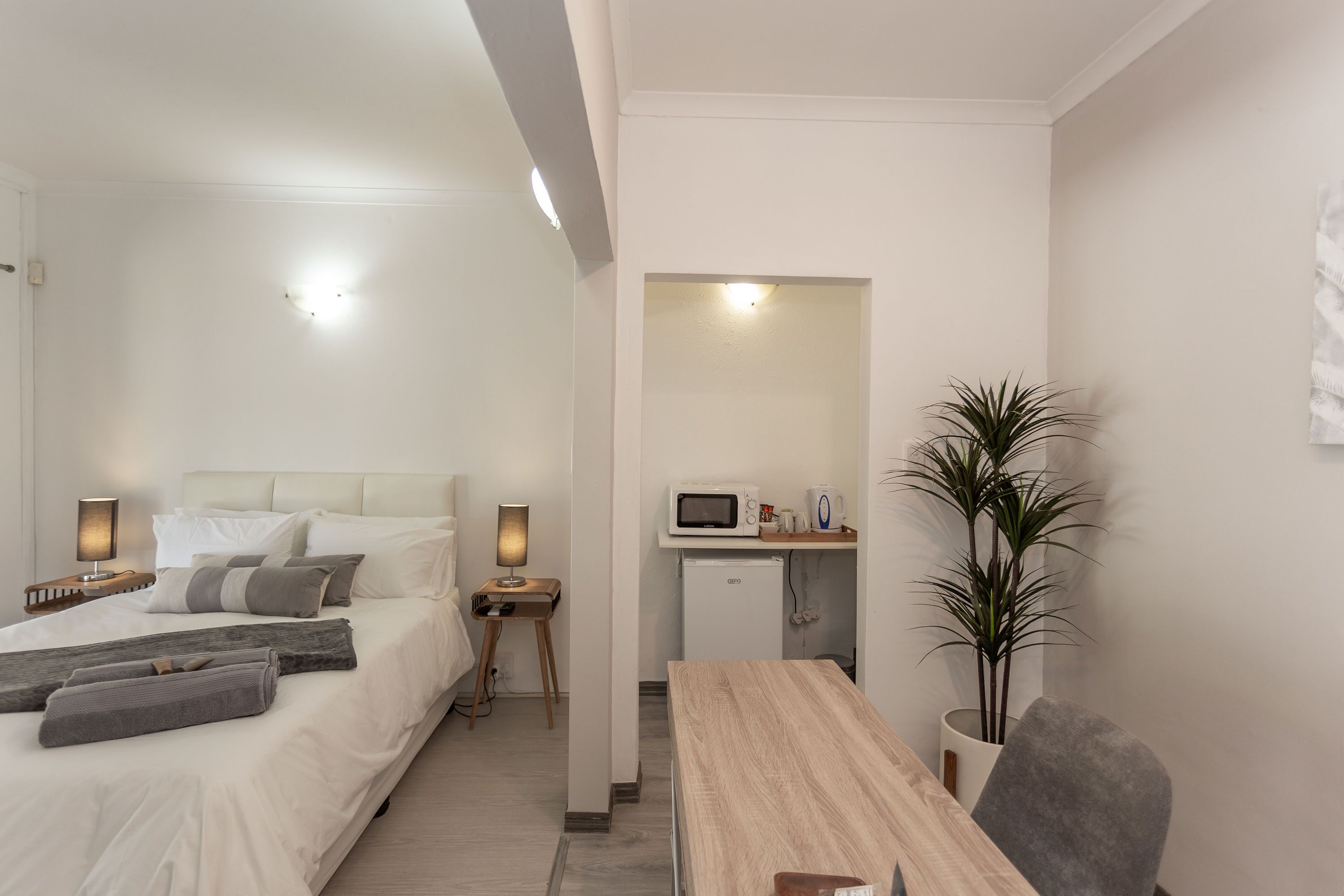 A hotel room with a bed, bedside tables, a desk, a microwave, and a potted plant.