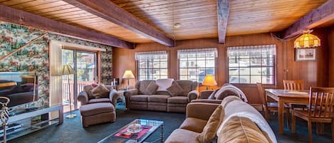 Smart TV, caminetto, lettore DVD, libri