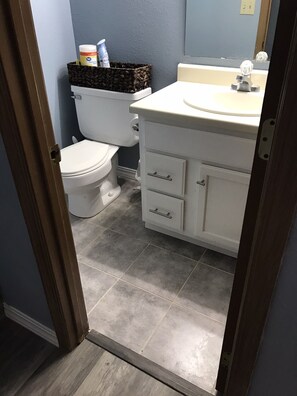 Combined shower/bathtub, hair dryer, towels, soap
