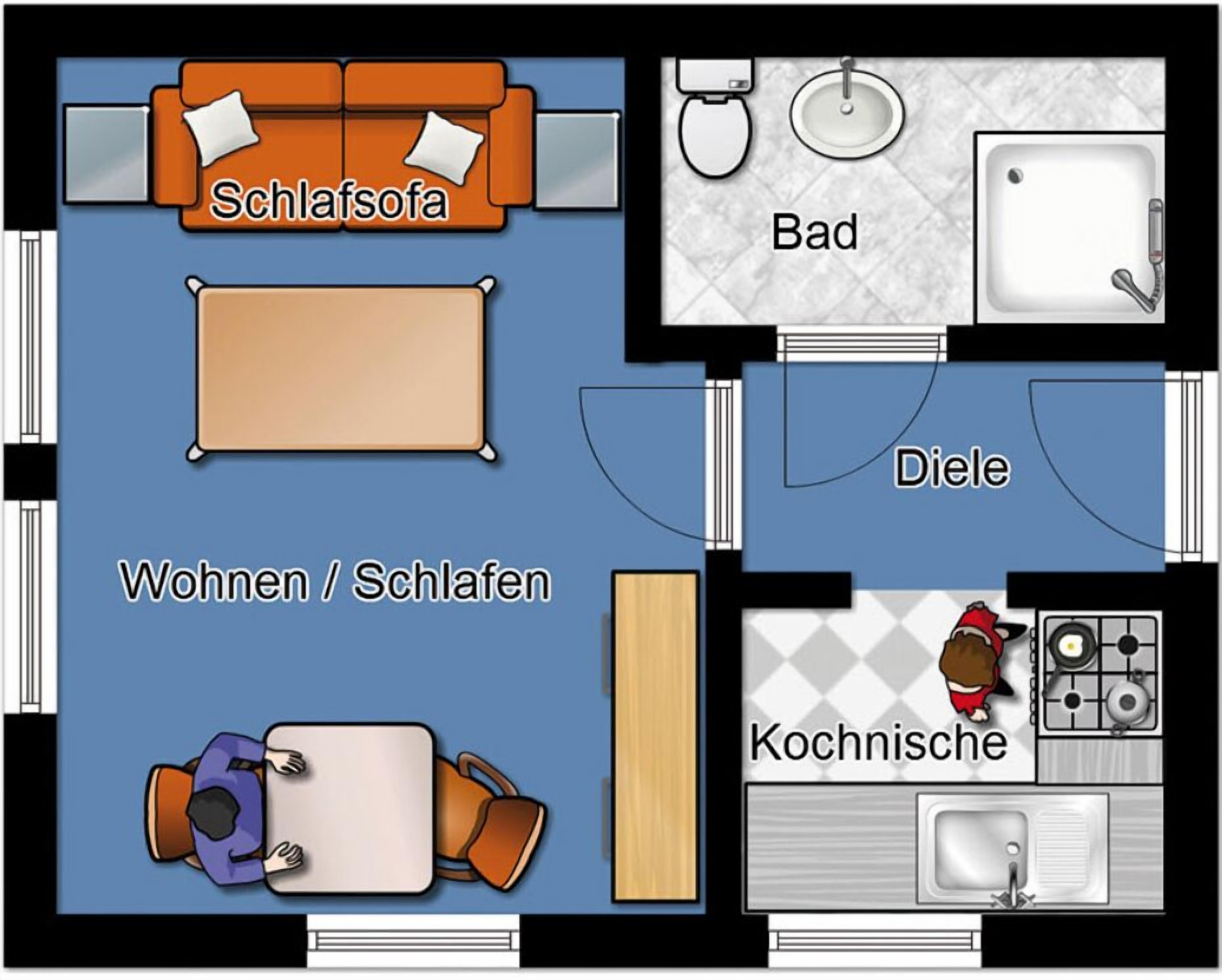 A hotel layout with a living room, bedroom, bathroom, dining area, and kitchen.