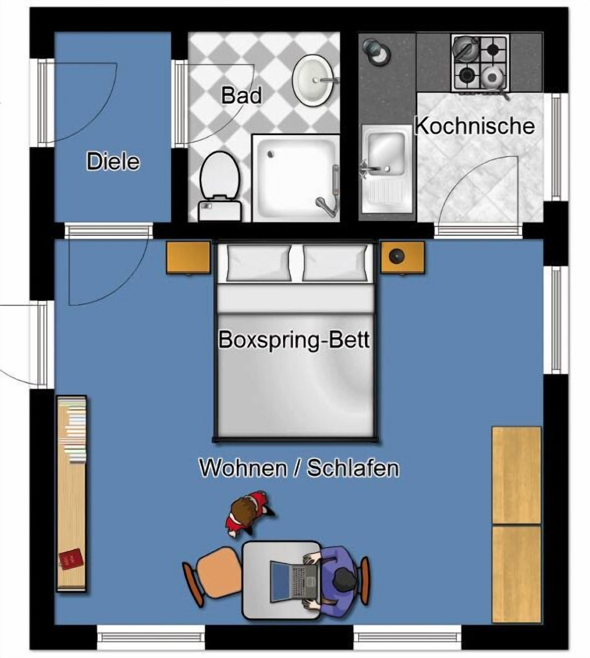 Un hôtel proposant des chambres dotées d’une chambre à coucher, d’une salle de bain, d’une kitchenette et d’un espace de vie.