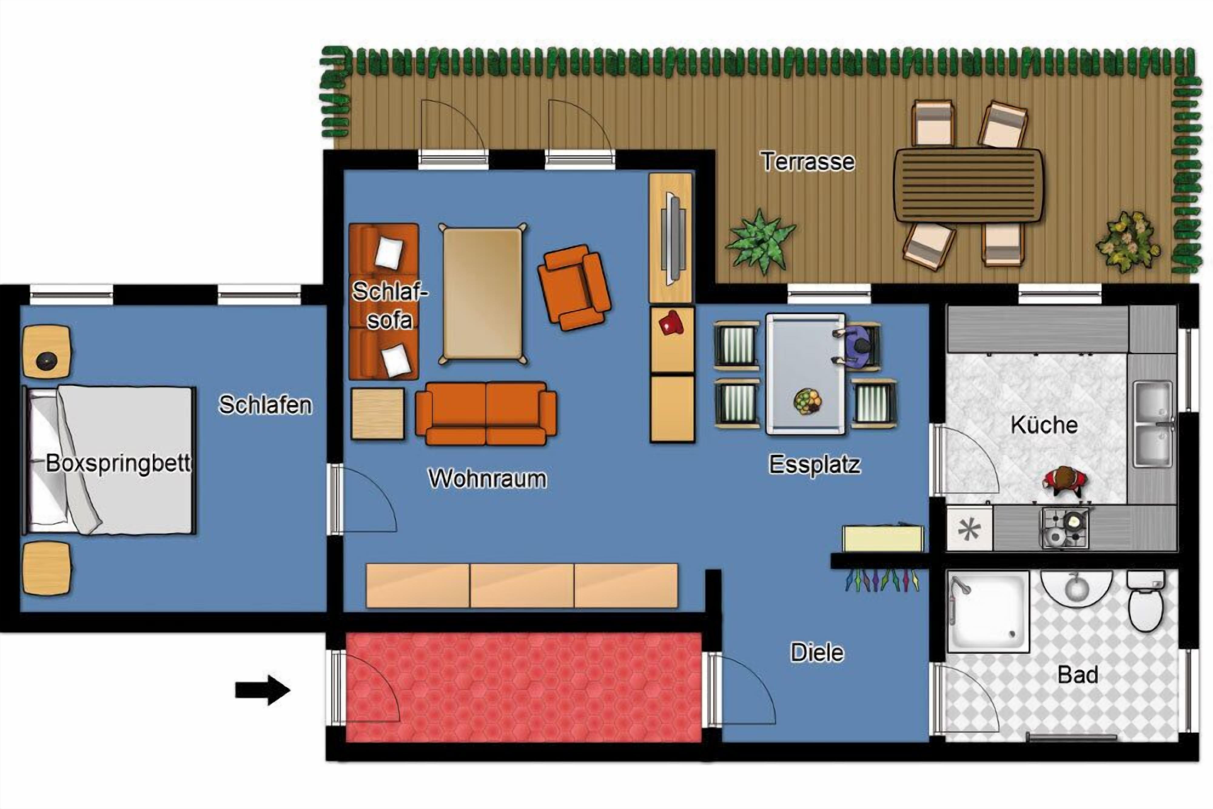 Un hôtel proposant des chambres dotées d’un salon, d’un espace détente avec canapé, d’une terrasse, d’une cuisine, d’une salle de bain et d’un coin repas.