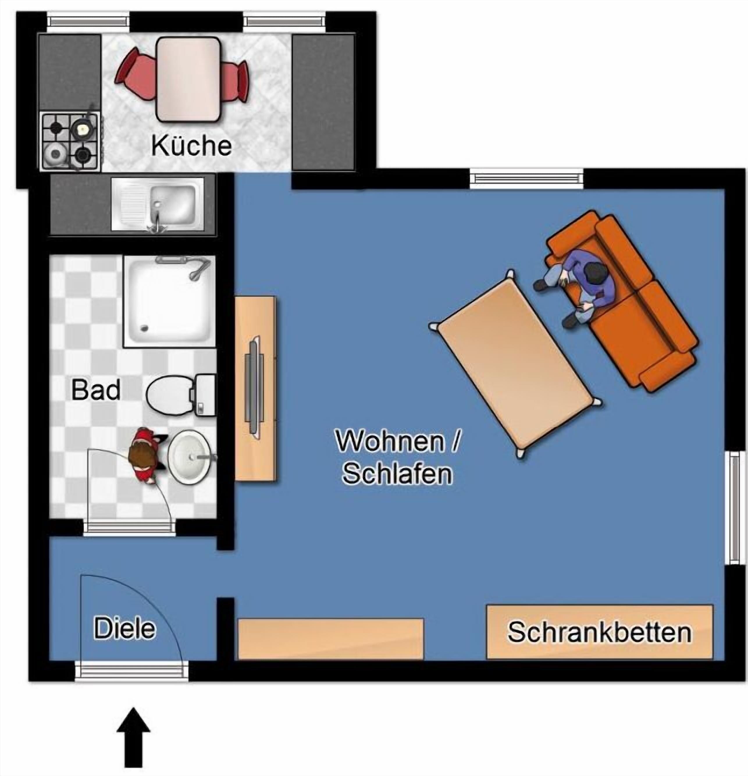 A hotel room layout with a kitchen, bathroom, dining area, and sleeping area.