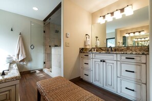 Hair dryer, towels, soap, shampoo